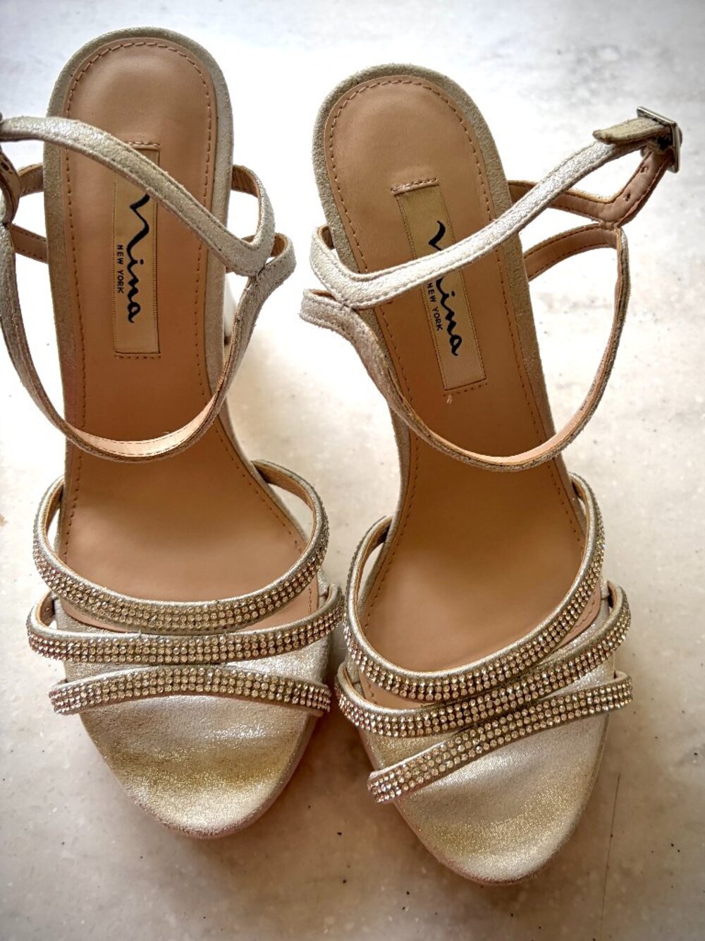 Nina New York Silver Rhinestone Platform Block Heel Sandals | Size 7.5